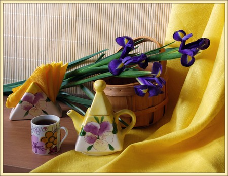 still life - nice, photography, bouquet, basket, iris, still life, yellow, cool, mug, harmony, drink, tea, beautiful, jug, flowers, photo, flower