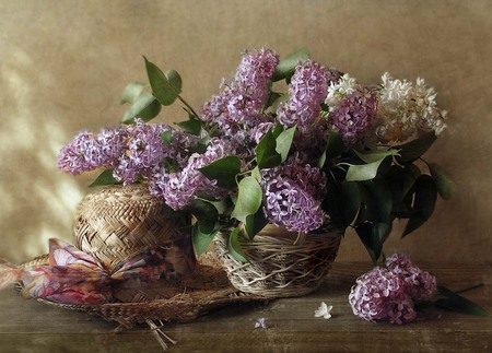 still life - nice, hat, photography, basket, bouquet, still life, cool, beautiful, photo, lilac, harmony