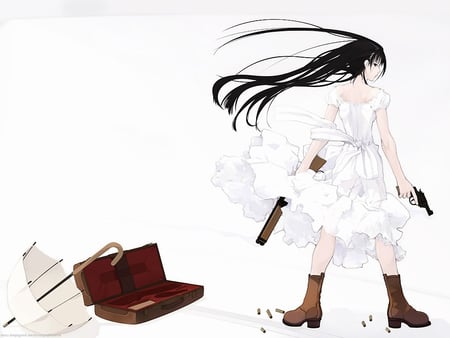 Lolita gunslinger - parasol, girl, revolver, shot gun, black hair, white, anime, lolita, dress