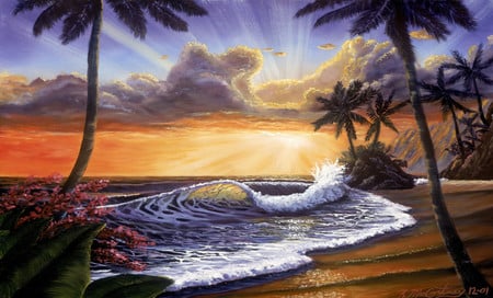 Tropical Sunset - tropics, sunset, ocean, painting