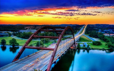 Happy Journey - river, roadway, forest, houses, sky, building, bridge