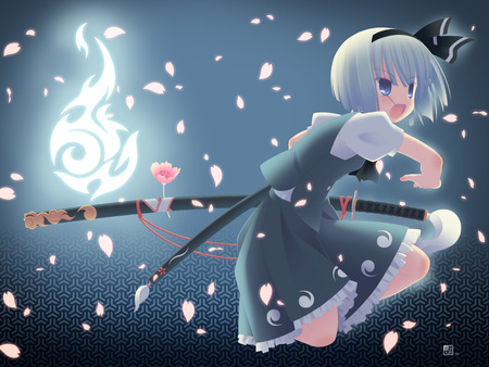 Cherry Blossoms - dress, short hair, fire, katana, sakura petels, blue eyes, silver hair, anime girl, sakura, cherry blossoms, beautiful, hot, sword, flame, beauty, cherry blossom petals, cute, sexy