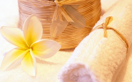 Plumeria - pretty, plumeria, spa, beautiful, photography, beauty, towel, lovely, flowers, basket, nature