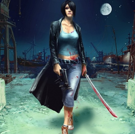 On the Quay - blood, moon, fantasy, female, gun, sword, ships, crane