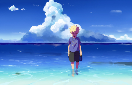 Umi - ocean, sky, child, naruto uzumaki, blond hair, young, naruto, blonde hair, clouds, blue, anime, uzumaki naruto, sea, manga