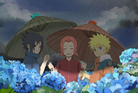 Friends - uchiha sasuke, black hair, blond hair, naruto, blonde hair, anime, manga, rain, blue eyes, pink hair, child, young, haruno sakura, smile, flowers, uzumaki naruto, black eyes