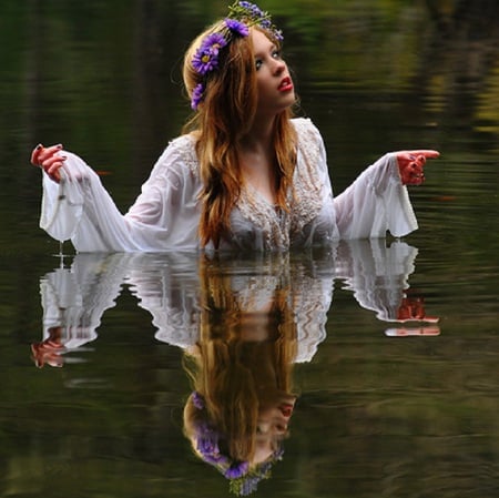 Spring Baptism - white, female, beautiful, water, flowers, model, garland