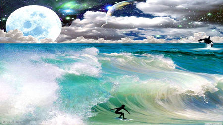 Surfing Heaven - moon, planets, sky, landscape, surf, heaven, waves, surfing, art, abstract, colours, clouds, 3d, digital, surfer, dolphin