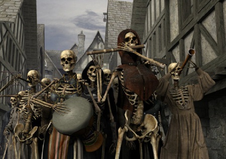 All Hallows Eve - music, fantasy, instruments, bricks, skeletons, buildings