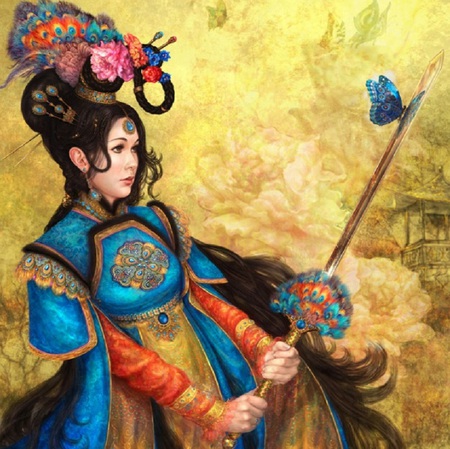 Delicate Beauty - oriental, fantasy, female, warrior, butterfly, sword