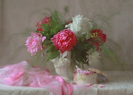 still life - nice, peaceful, photography, bouquet, still life, white, cool, box, peony, harmony, scarf, gentle, elegantl, vase, beautiful, pink, flowers, photo, flower