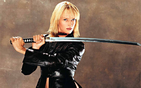 Uma Thurman - black dress, actress, female, blond, sword