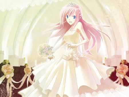 Megurine Luka - pretty, anime, vocaloid, dress, pink, wedding dress, luka, nice, pink hair, blue eyes, beautiful, megurine, wedding, bows, beauty, cool, white, awesome, megurine luka, cute, vocaloids