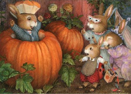 Getting Ready for Halloween - fun, pumpkin, childerns, fantasy, book, rabbits, painting, pumpkins, halloween, abstract, bunnies, trick or treat