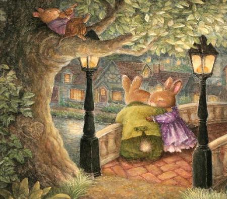 Bunny Love - romance, love, leaves, light posts, tree, river, painting, musican, bunnies, couple, houses, bridge