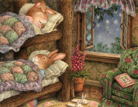 Bunk Beds - window ledge, covers, rug, book, curtain, painting, nightime, home, window, plant, pot, stars, slippers, bunk beds, chair, wild, bunnies, animal