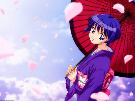 Ai-Yori-Aoshi-bleu-Indigo - anime, blue, ai yori aoshi, kimono, girls, umbrella, bleach, indigo, sky