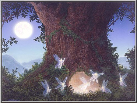 Beautiful night - moon, light, night, angels, fairies, tree