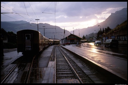 grindelwald-train-station - mountains, blue, sunsets, train, sky, station, tree, nature, mountain