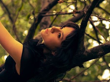 Lying On Tree - tree, lying, brunette, model