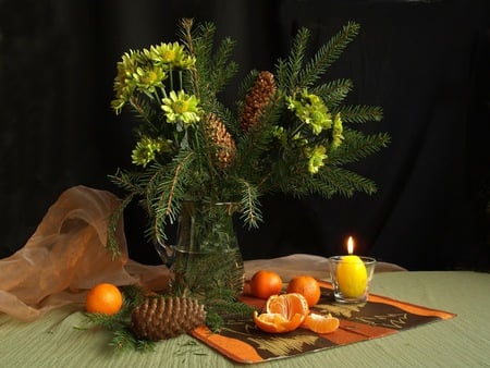 autumn still life 4 - flowers, vase, candle, pine, art photo, nice, fruits, still life