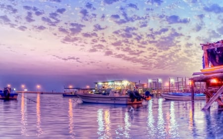 Sunset - boat, harbour, pink, view, port, sky, clouds, beautiful, lanterns, sea, beauty, colors, boats, colorful, nature, sunset, lights, peaceful