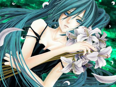 Hatsune Miku - nice, beauty, tears, aqua, twintail, colorful, black, pretty, cool, petals, anime, green, miku, cute, hatsune miku, skirt, blue eyes, teal, crying, hatsune, vocaloids, blue hair, vocaloid, beautiful, awesome, flowers