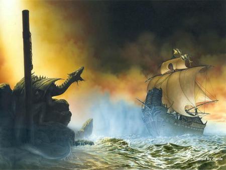 Dragons land - ship, art, dramatic, dragon, sea