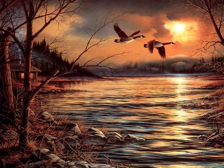 Hazy afternoon - fantasy, nature, painting, lake, art