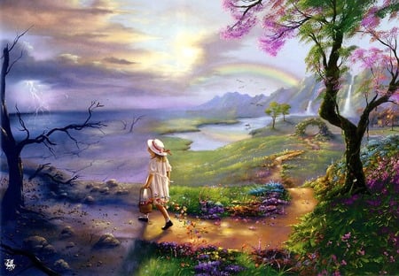 little helper - beauty, trees, hat, paradise, colorful, basket, path, fantasy, other, storm, painting, art, clouds, paintings, tree, bonnet, outdoor, rainbow, landscape, girl, rain, child, waterfalls, wallpaper, warren, nature, beautiful, seasons, digital, colors, flowers, texture