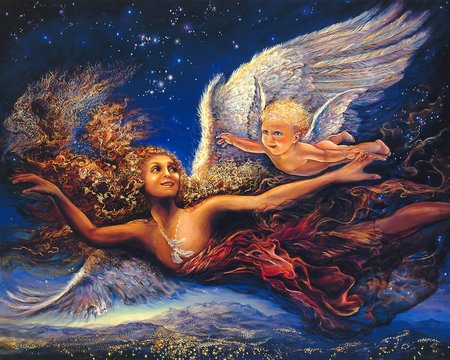 First Flight - fliying, josephine wall, angle, baby, winged, wings, teach, art, sky