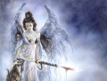 angel sword - winged, art, angel, wings, sword, blood, drawing, fantasy