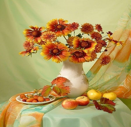 Sunflowers - fall, pretty, beautiful, flowers, strawberries, apples, silk, fruit, golden, table, orange, sinflowers, curtain