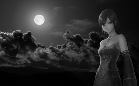 Girl in the night - moon, beauty, cloud, night, anime, anime girl, white and black