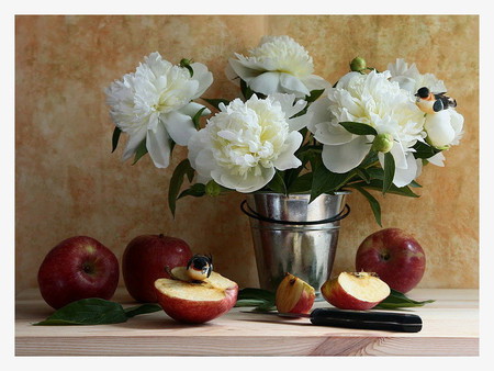 still life - birds, beautiful, photography, photo, cool, flower, still life, bouquet, flowers, peony, white, red, fruit, bucket, nice, apple