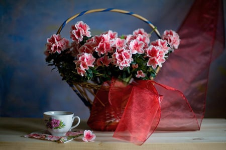 still life - nice, photography, bouquet, basket, still life, cool, harmony, mug, drink, coffee, silk, tea, scarf, gentle, beautiful, flowers, photo, flower