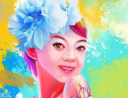 Flower Girl - woman, young, art, colorful, tatoo, flower