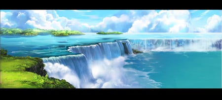 Anime Falls - trees, anime, original work, water, waterfall, blue, green, landscape