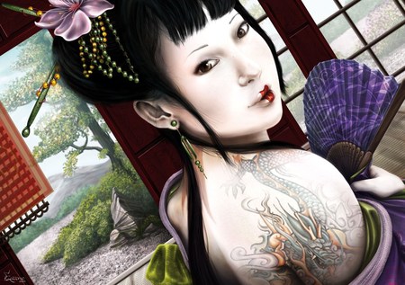 Dragon Tattoo - tattoo, woman, fan, cultural dress, dragon, oriental, painted