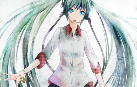 Hatsune Miku - pretty, anime, vocaloid, awsome, blue, twintail, hatsune miku, headphones, red, bracelet, nice, blue eyes, beautiful, beauty, cool, hair, white, miku, cute, hatsune, headset, vocaloids