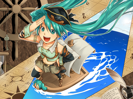 Captain Miku - chibi miku, port, cool, hachune miku, boat, hatsune miku, skirt, blue eyes, funny, waves, vocaloids, vocaloid, beautiful, sea, map, nice, compass, beauty, hat, twintail, wheel, brown, pretty, anime, miku, cute, ocean, chibi, hilarious, blue hair, hatsune, ship, sails, blue, adventure, awesome