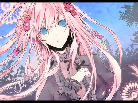 Megurine Luka - cute, beautiful, vocaloids, pink hair, megurine, luka, megurine luka, pink, pretty, cool, beauty, flowers, awesome, vocaloid, anime, blue, sky, nice, clouds, blue eyes, trees