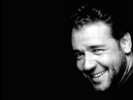 Russell Crowe - male, handsome, actor, pretty smile, eyes, black and white, hair