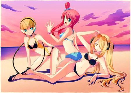 Pokemon Girls - fuuro, pokemon, beach, blonde hair, red hair, shirona, kamitsure, bikini, sunglasses