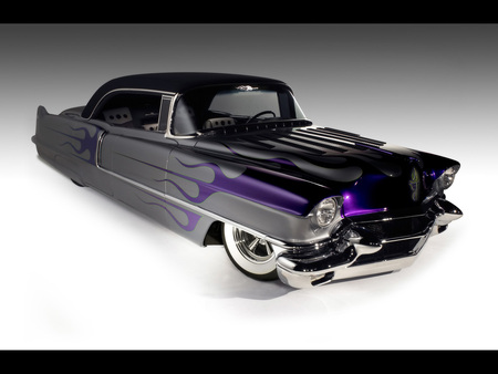 1956 Cadillac Firemaker - lowrider, white walls, hotrod, purple flames