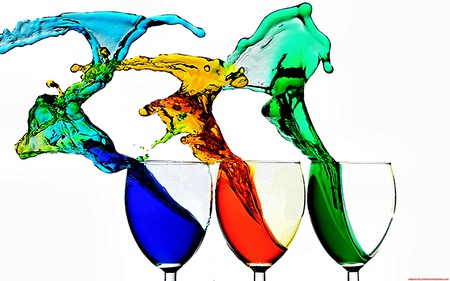 GLASSES - spillage, glasses, red, blue, liquid, green, drinks