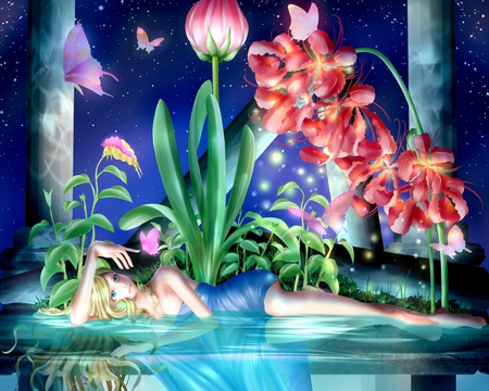 Realistic Anime - flower, barefoot, grass, magic, fantasy, red, magical, plant, anime, blue, butterfly, female, blue eyes, realistic, cute, beautiful, hot, girl, stars, abstract, anime girl, wings, blonde hair, leaf, 3d, animal, pretty, water, wing, beauty, sweet, night, sky, long hair, nice, sexy, leave, green