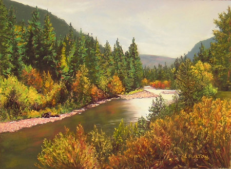 poudre_reflections - nature, trees, forest, river, water, green, golden, oil painting