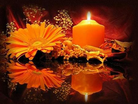 Autumn candle - flame, glow, autumn, candle, orange, leaf, flower