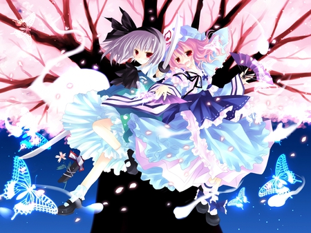 Youmu and Yuyuko - sword, cute, fan, yuyuko, cherry blossoms, beautiful, anime girl, twins, purple, pink, short hair, japanese folding fan, beauty, sakura, blue, butterflies, sakura petels, butterfly, lovely, youmu, japanese